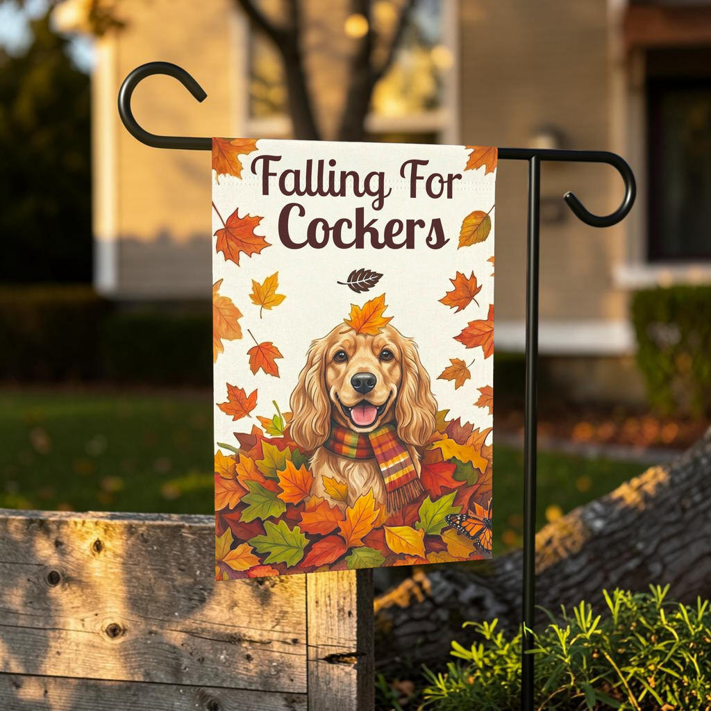 Falling For Cockers Autumn Garden Flag - lifestyle display - Dragonfire Gardens