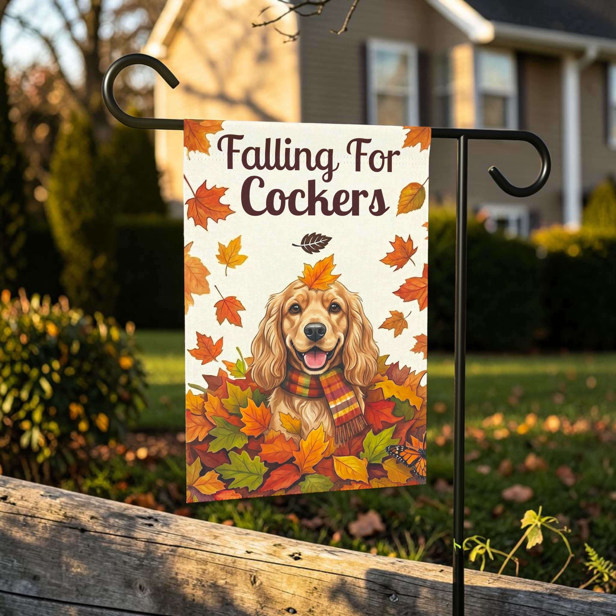 Falling For Cockers Autumn Garden Flag - front view - Dragonfire Gardens