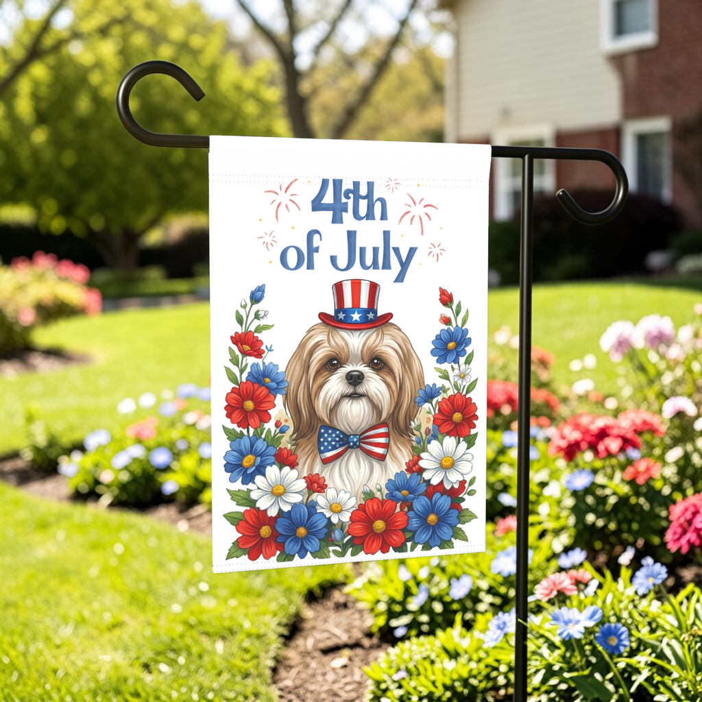4th of July Shih Tzu Garden Flag - front view - Dragonfire Gardens