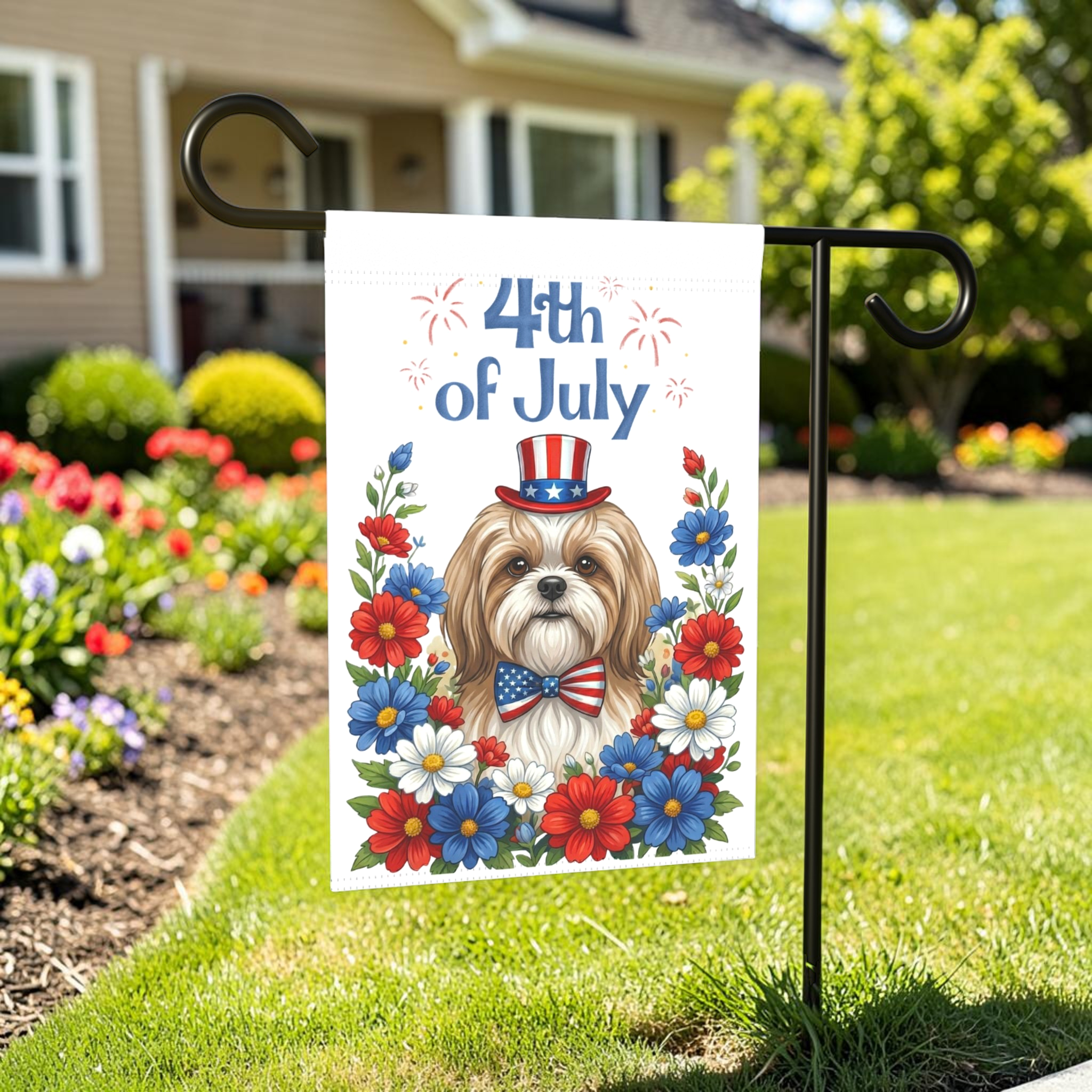 4th of July Shih Tzu Garden Flag - outdoor display - Dragonfire Gardens