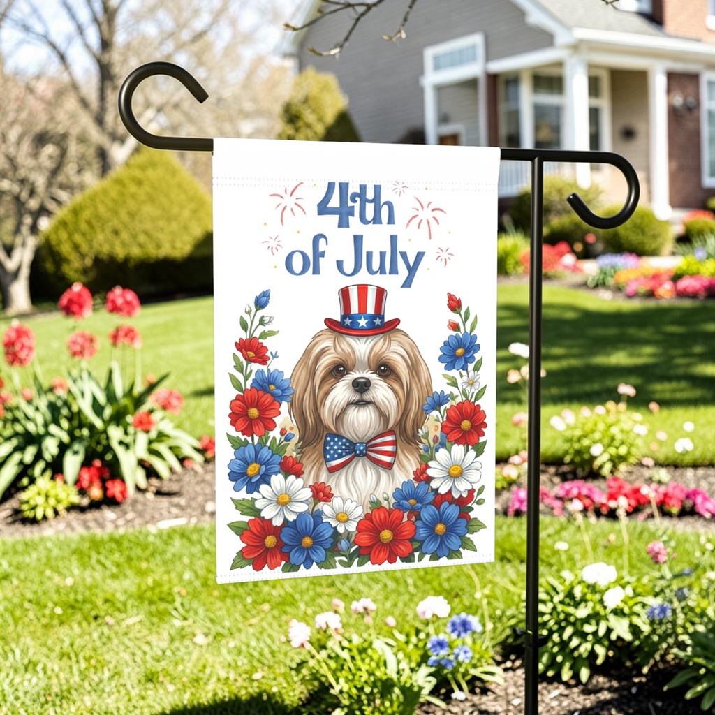 4th of July Shih Tzu Garden Flag - lifestyle display - Dragonfire Gardens