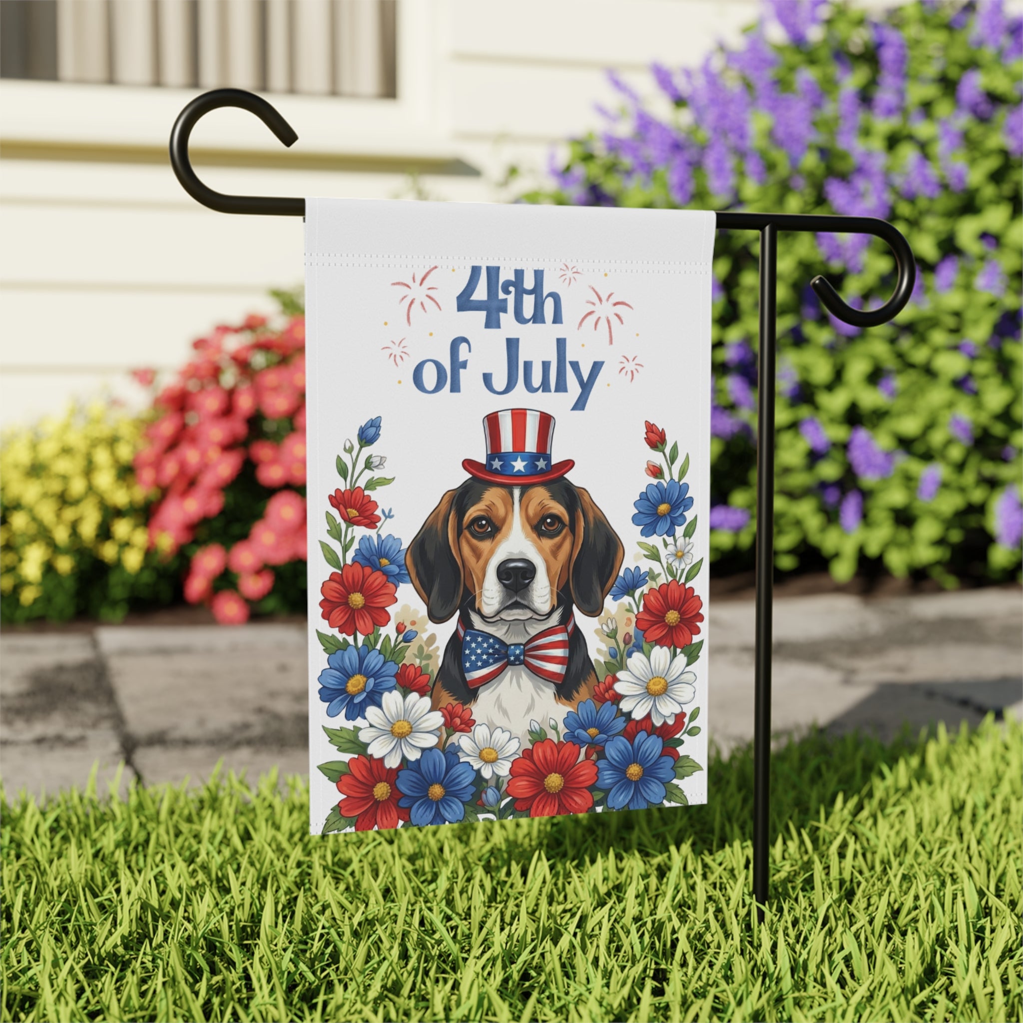 4th of July Beagle Garden Flag - close-up detail - Dragonfire Gardens
