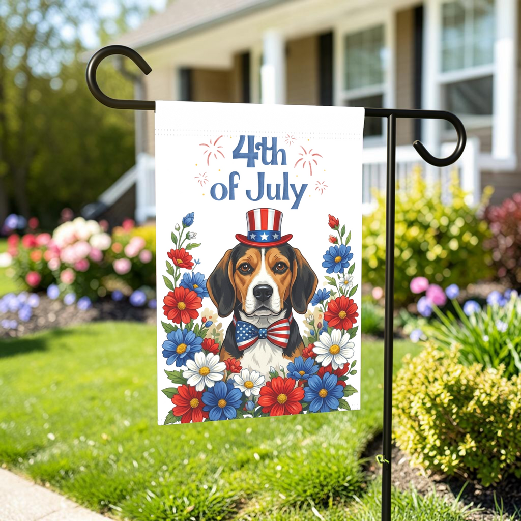 4th of July Beagle Garden Flag - lifestyle display - Dragonfire Gardens