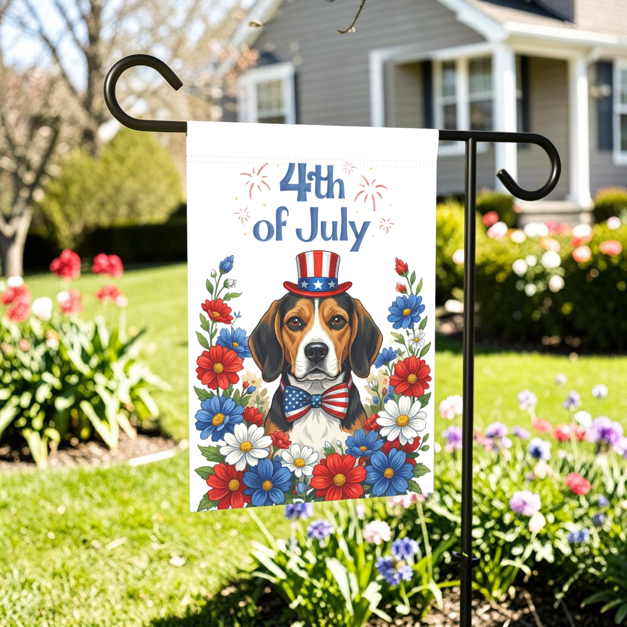 4th of July Beagle Garden Flag - front view - Dragonfire Gardens