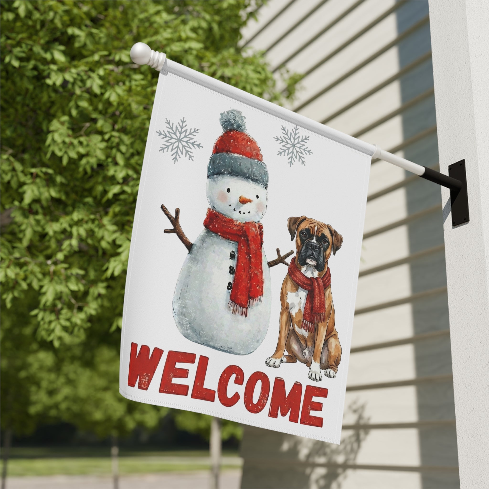 Boxer and Snowman Welcome Garden Flag - yard display - Dragonfire Gardens