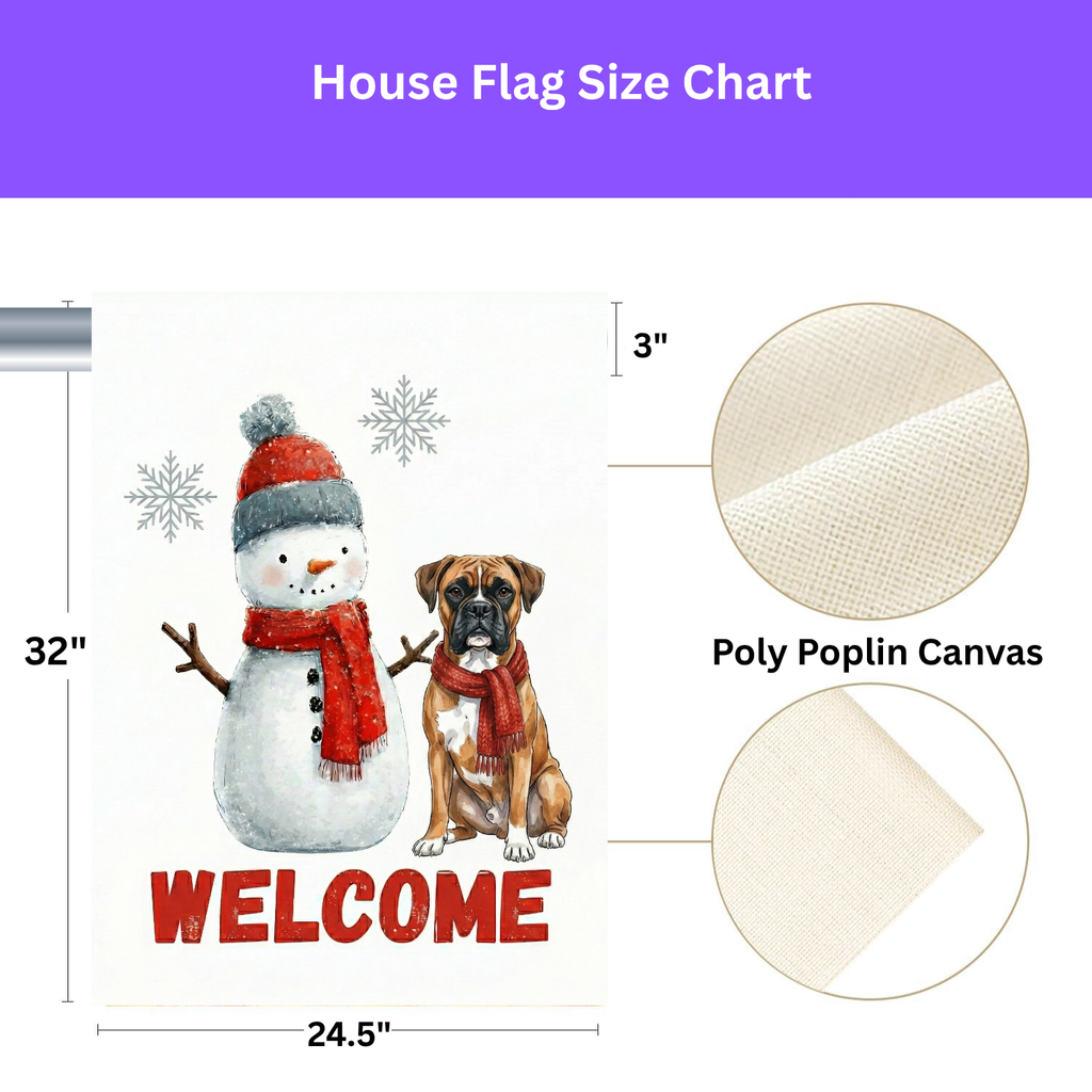 Boxer and Snowman Welcome Garden Flag - size comparison - Dragonfire Gardens