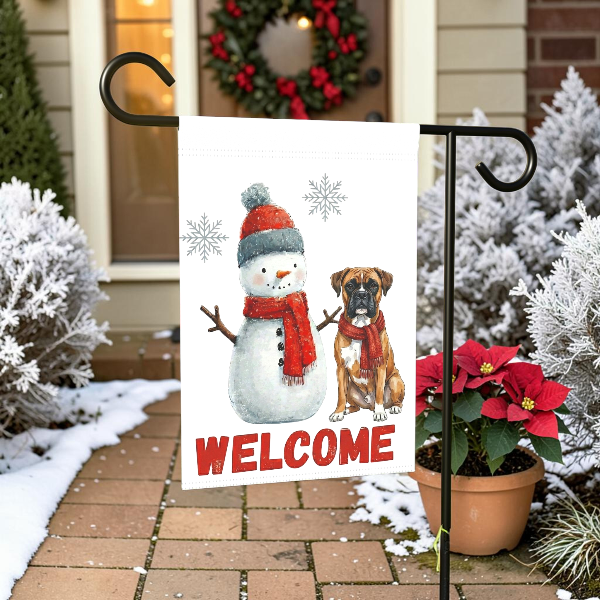 Boxer and Snowman Welcome Garden Flag - front view - Dragonfire Gardens