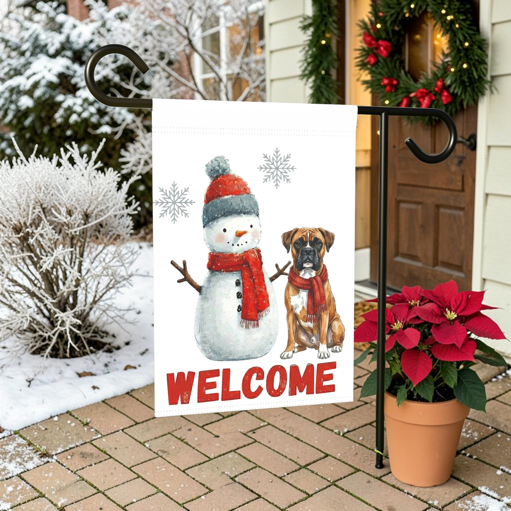 Boxer and Snowman Welcome Garden Flag - outdoor display - Dragonfire Gardens