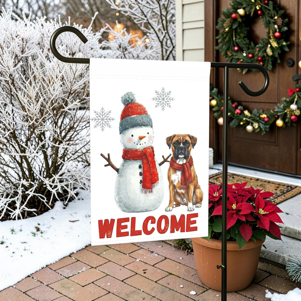 Boxer and Snowman Welcome Garden Flag - lifestyle display - Dragonfire Gardens