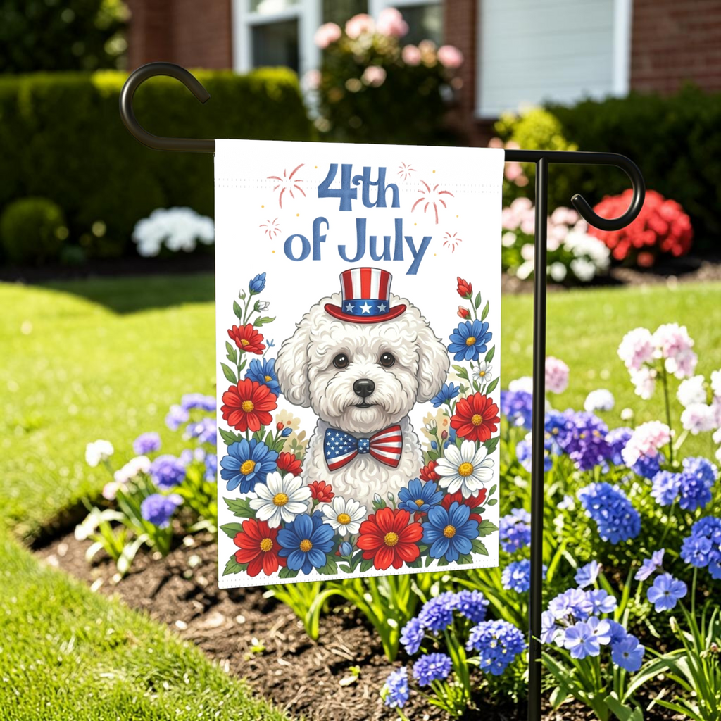 4th of July Bichon Frise Garden Flag - lifestyle display - Dragonfire Gardens