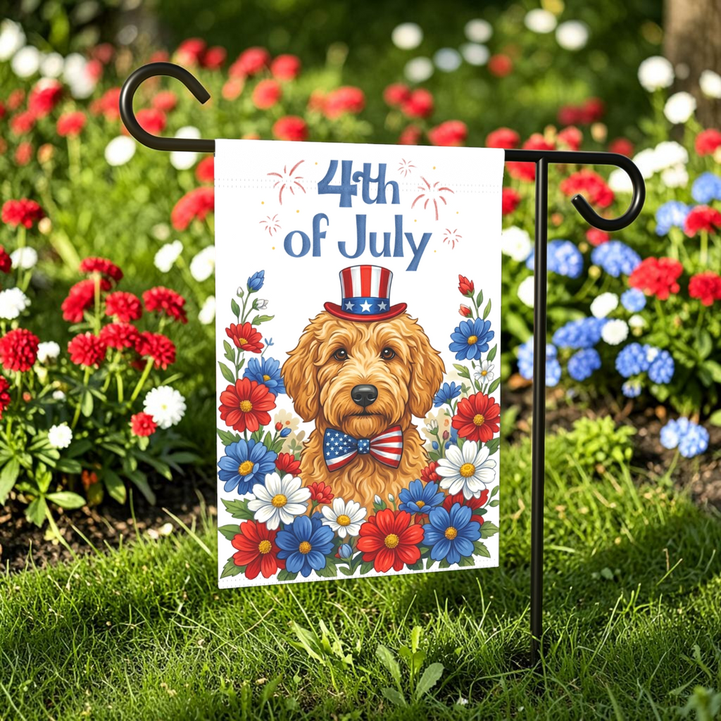 4th of July Golden Noodle Garden Flag - lifestyle display - Dragonfire Gardens