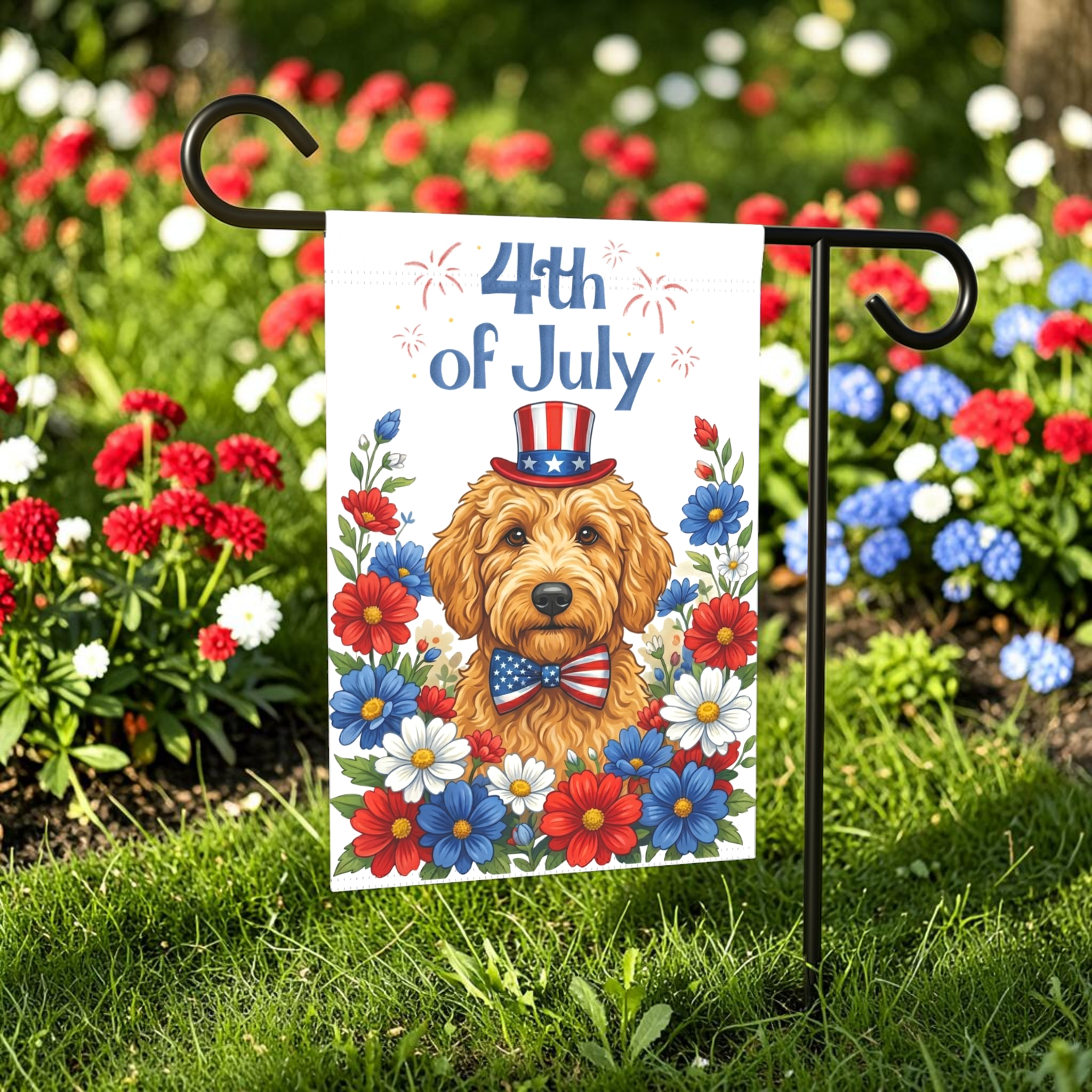4th of July Golden Noodle Garden Flag - lifestyle display - Dragonfire Gardens