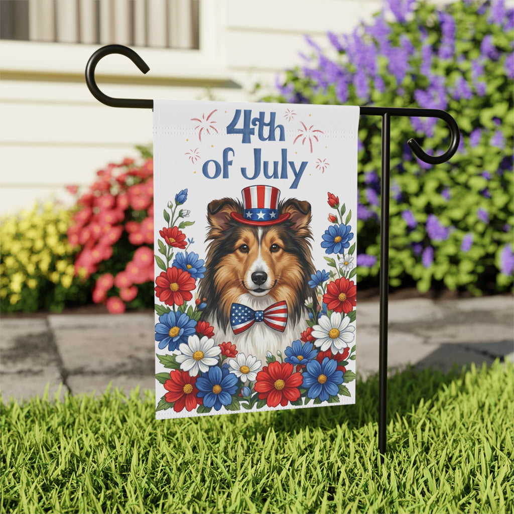 4th of July Sheltie Garden Flag - close-up detail - Dragonfire Gardens