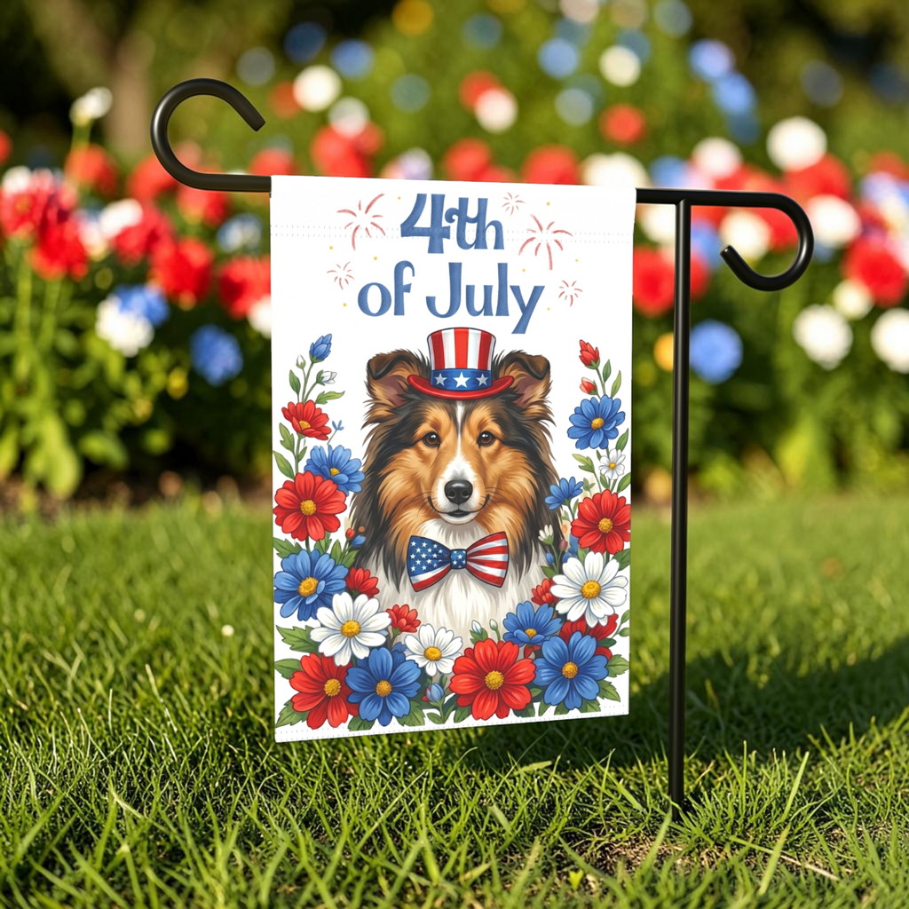 4th of July Sheltie Garden Flag - outdoor display - Dragonfire Gardens