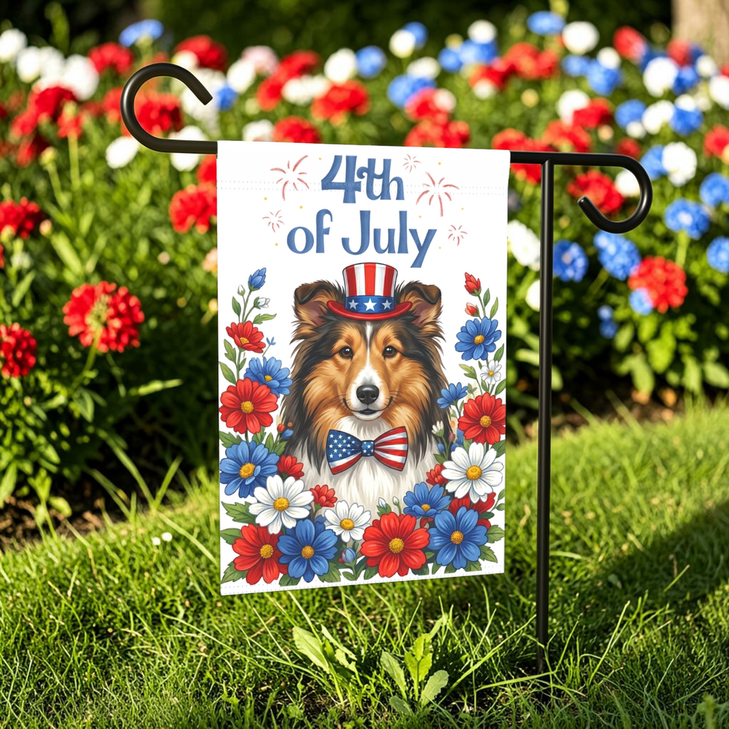 4th of July Sheltie Garden Flag - lifestyle display - Dragonfire Gardens