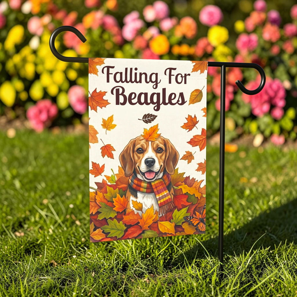 Falling For Beagles Garden Flag - lifestyle display - Dragonfire Gardens