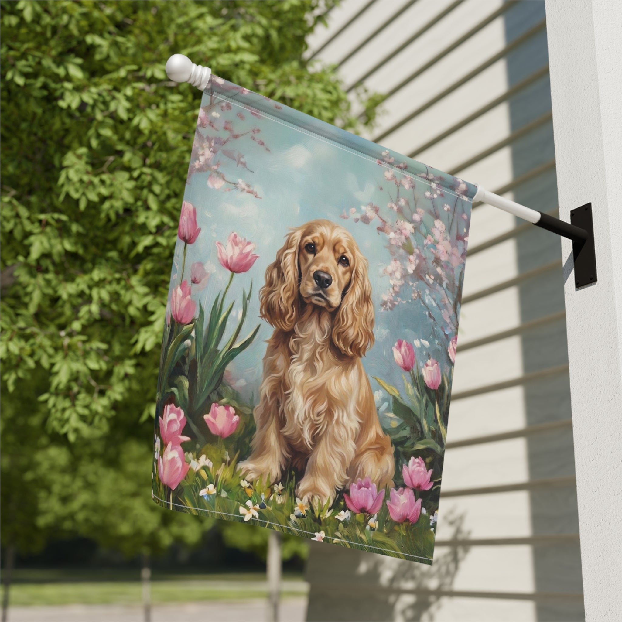 Cocker Spaniel in Tulips Spring Garden Flag