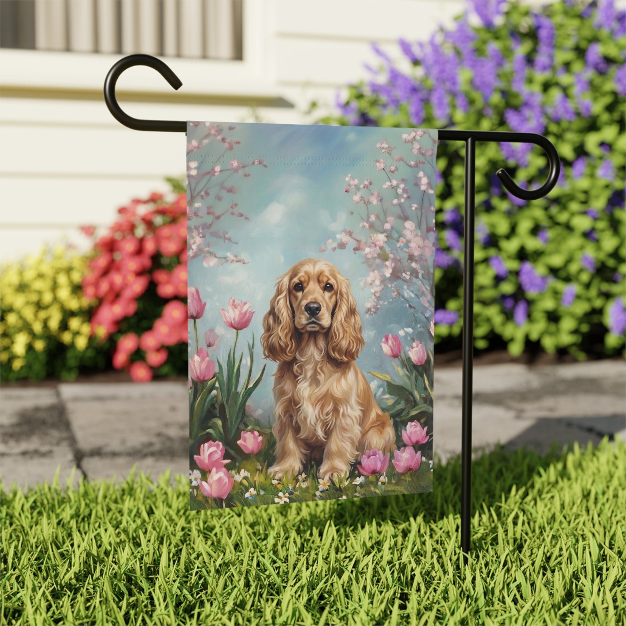 Cocker Spaniel in Tulips Spring Garden Flag