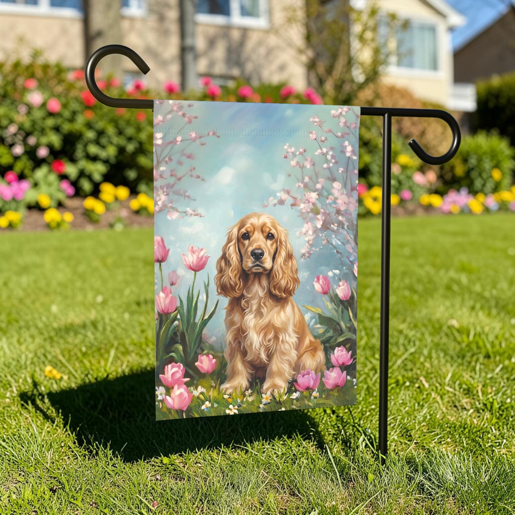 Cocker Spaniel in Tulips Spring Garden Flag