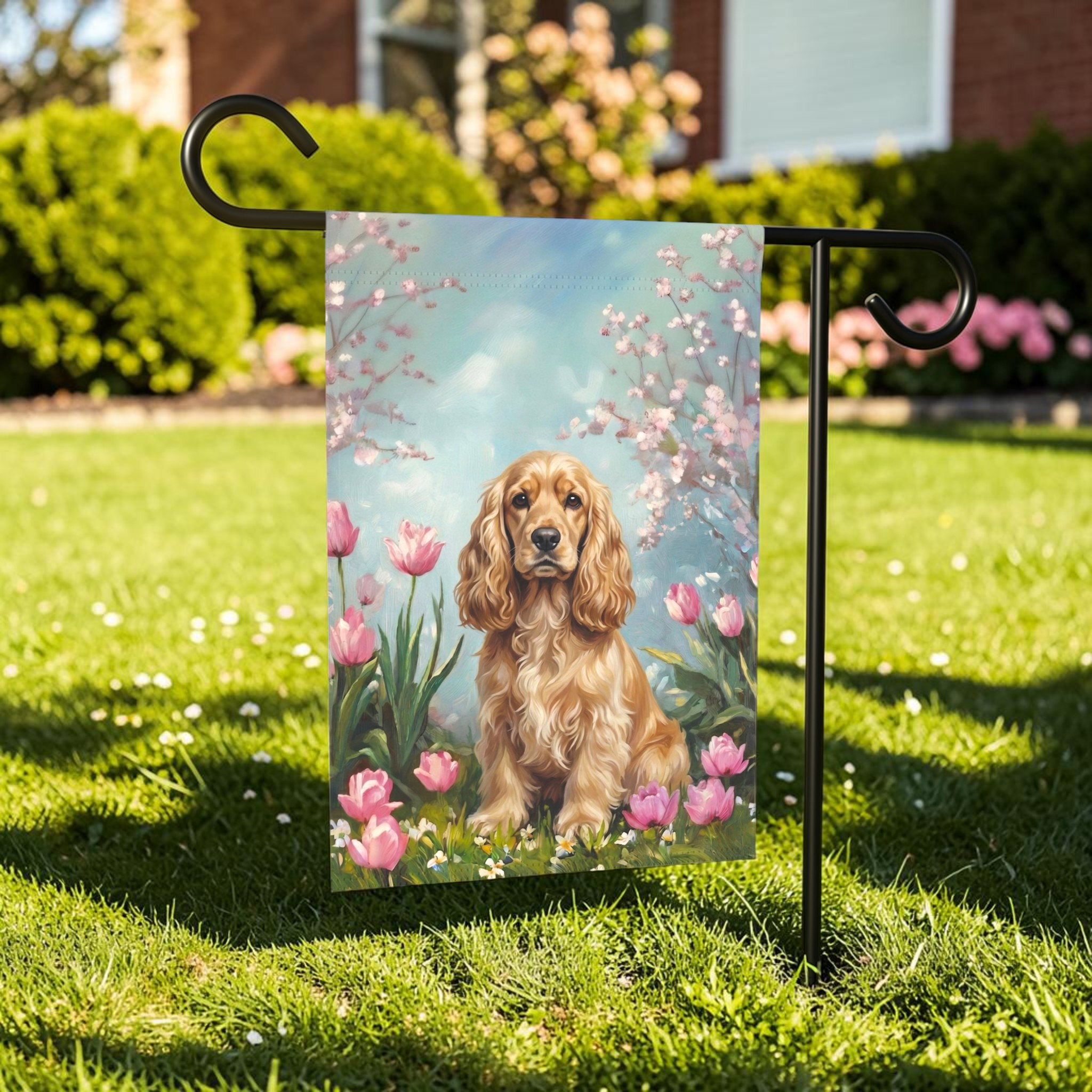 Cocker Spaniel in Tulips Spring Garden Flag