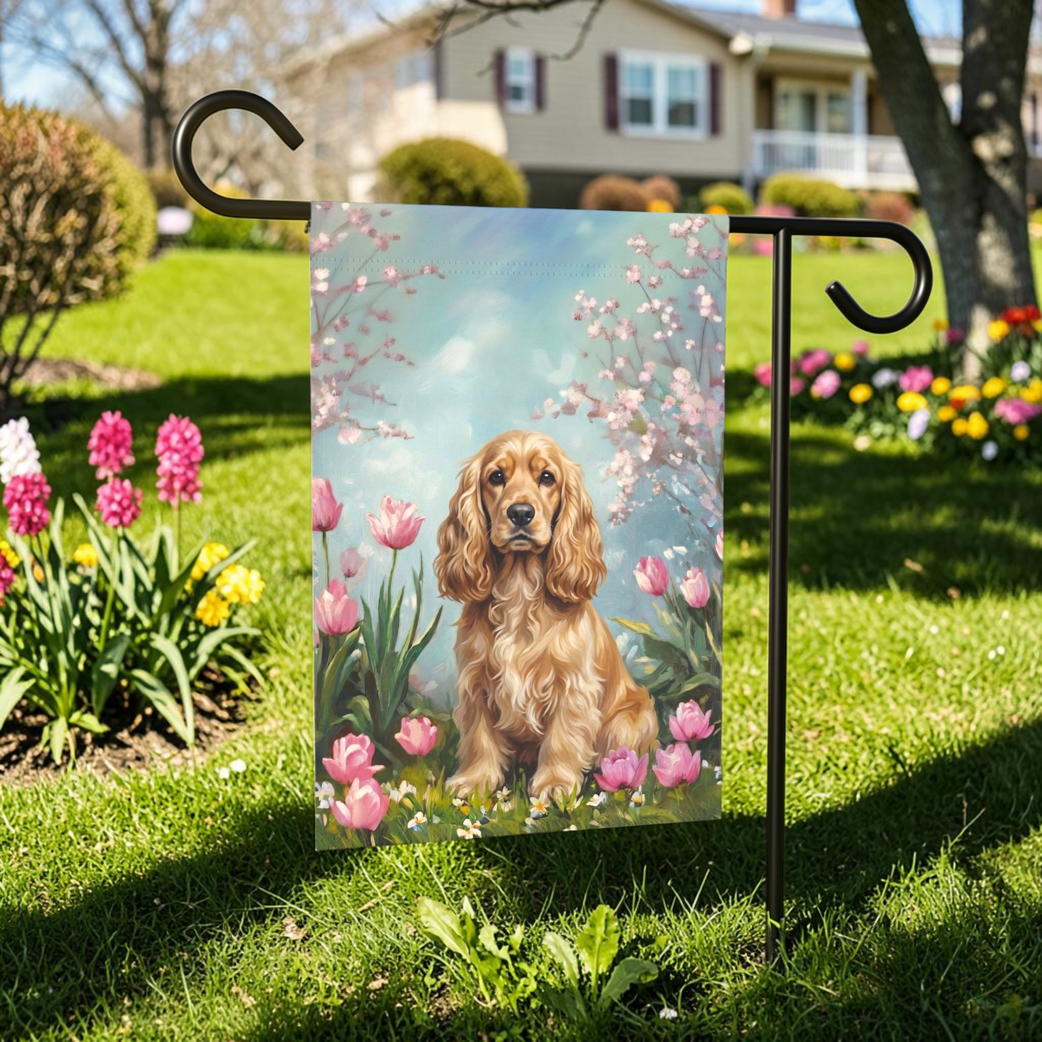 Cocker Spaniel in Tulips Spring Garden Flag