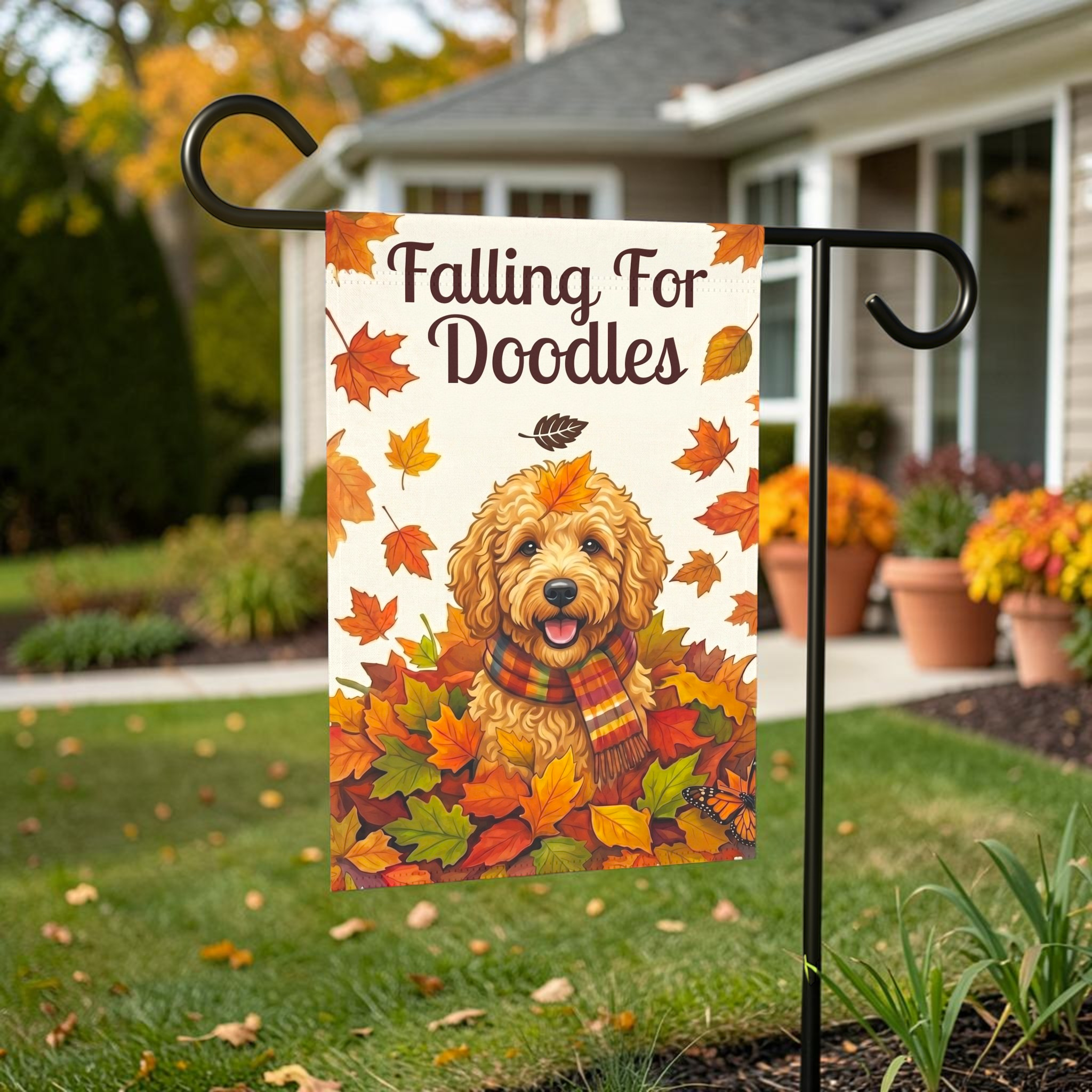 Falling For Doodles Garden Flag - lifestyle display - Dragonfire Gardens