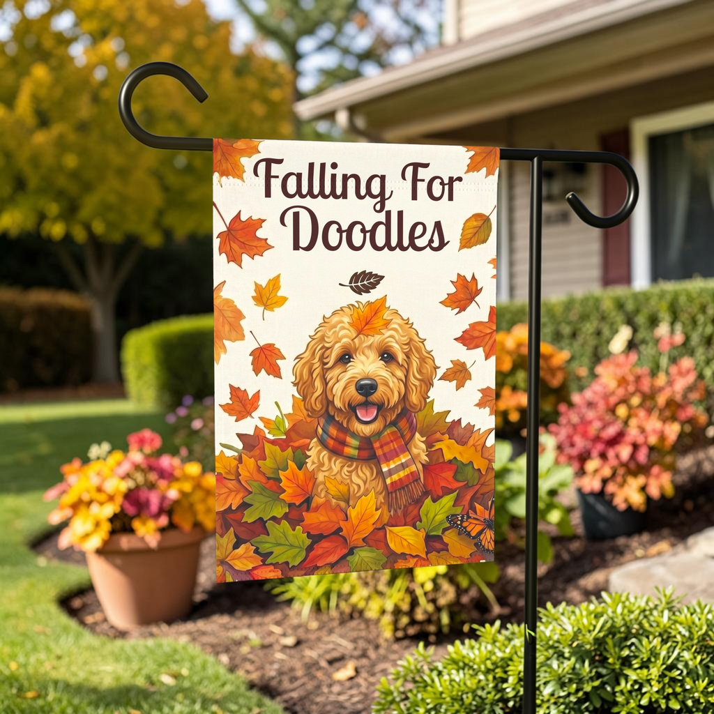 Falling For Doodles Garden Flag - outdoor display - Dragonfire Gardens
