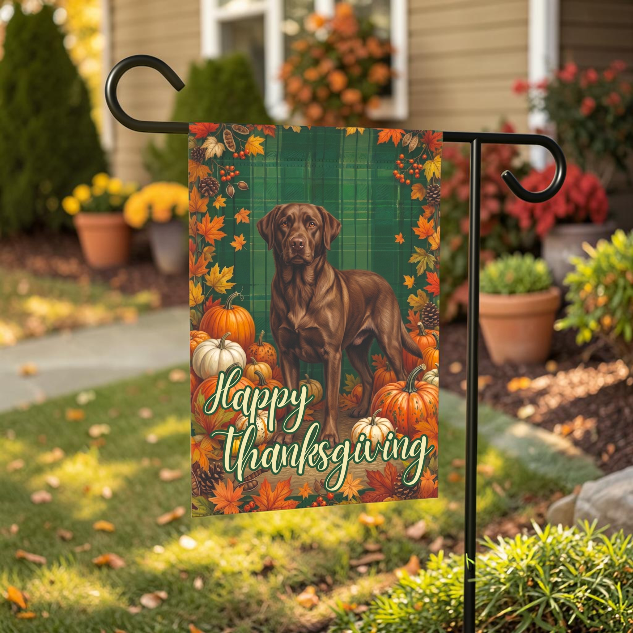 Happy Thanksgiving Chocolate Labrador Retriever Garden Flag