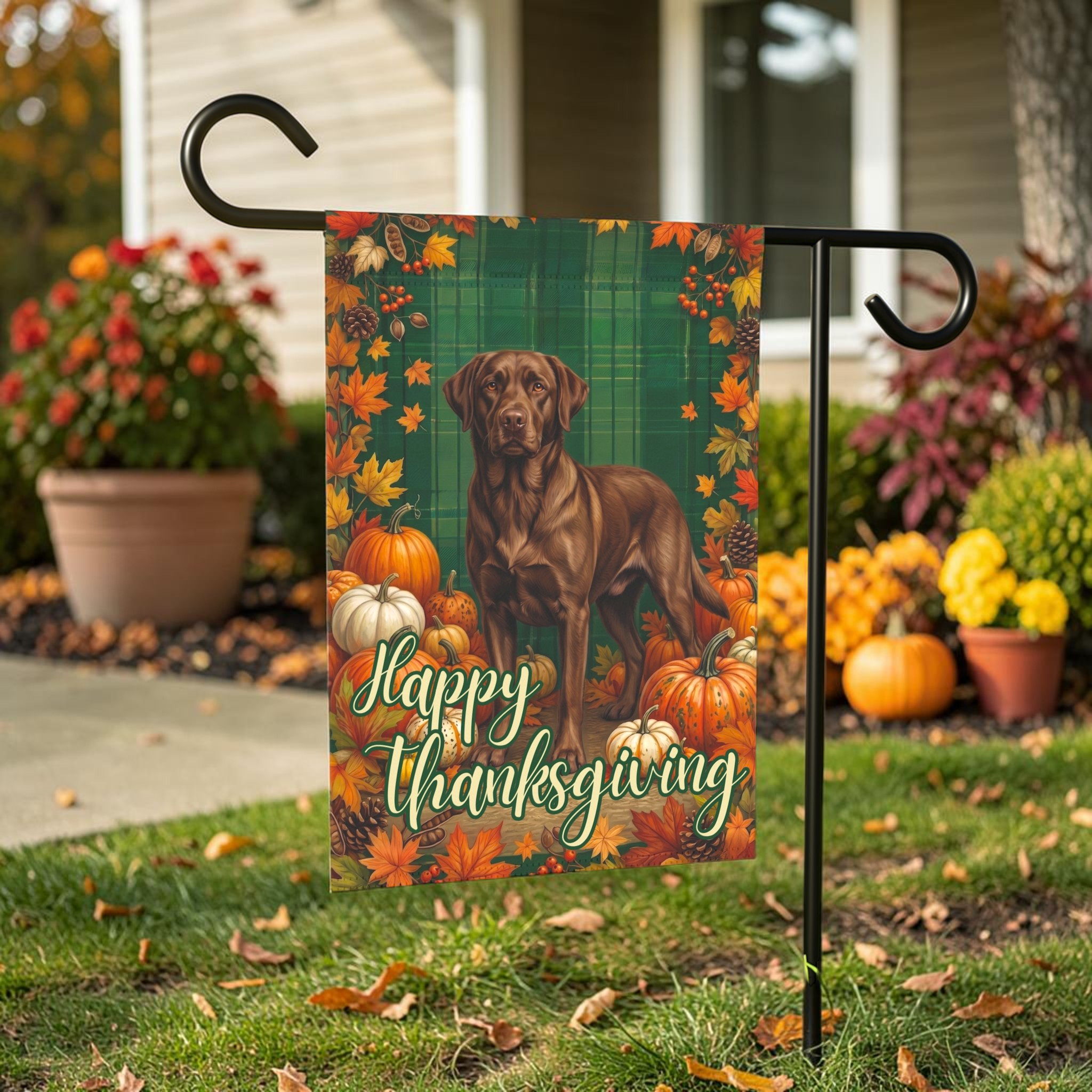 Happy Thanksgiving Chocolate Labrador Retriever Garden Flag