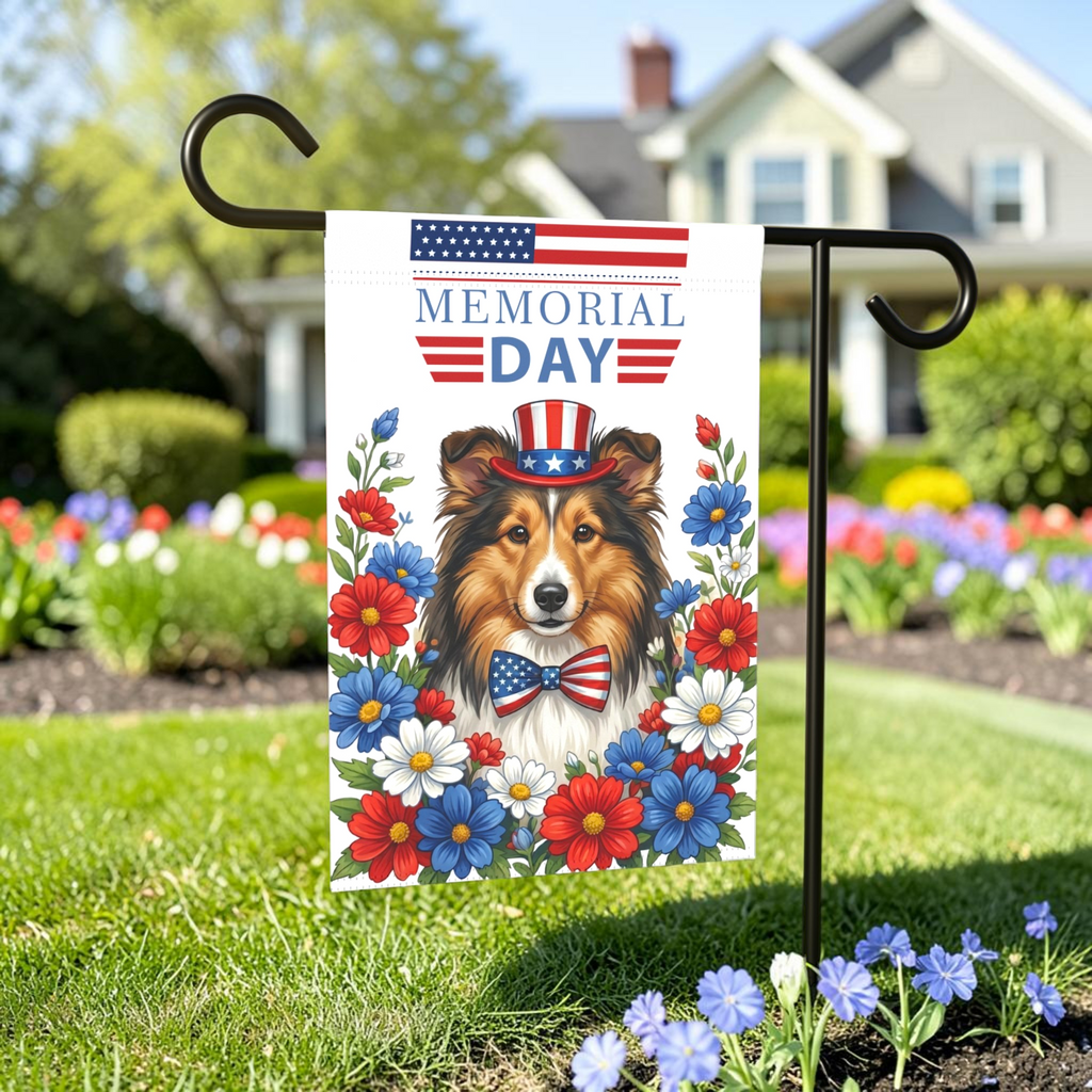Memorial Day Sheltie Garden Flag - front view - Dragonfire Gardens
