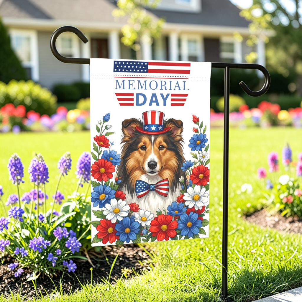 Memorial Day Sheltie Garden Flag - lifestyle display - Dragonfire Gardens