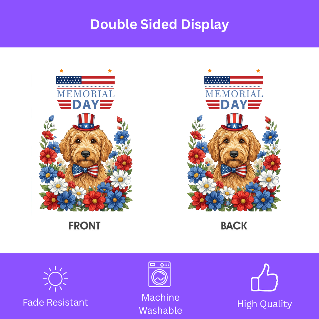 Memorial Day Golden Noodle Garden Flag - size comparison - Dragonfire Gardens