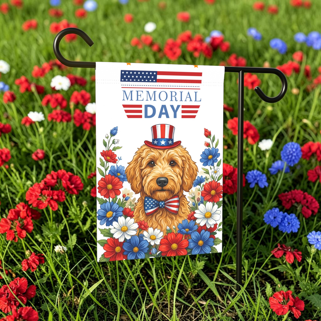 Memorial Day Golden Noodle Garden Flag - outdoor display - Dragonfire Gardens