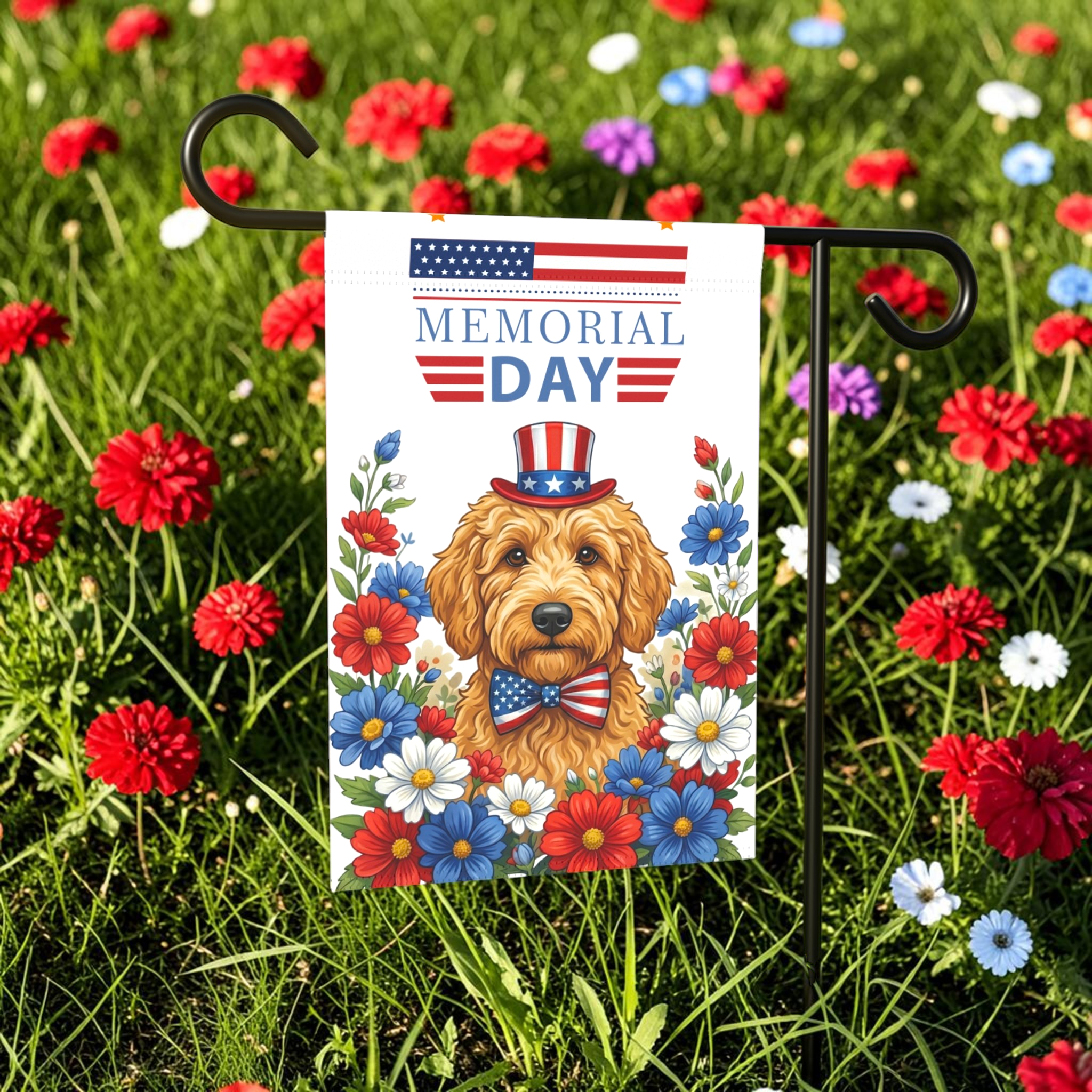 Memorial Day Golden Noodle Garden Flag - lifestyle display - Dragonfire Gardens