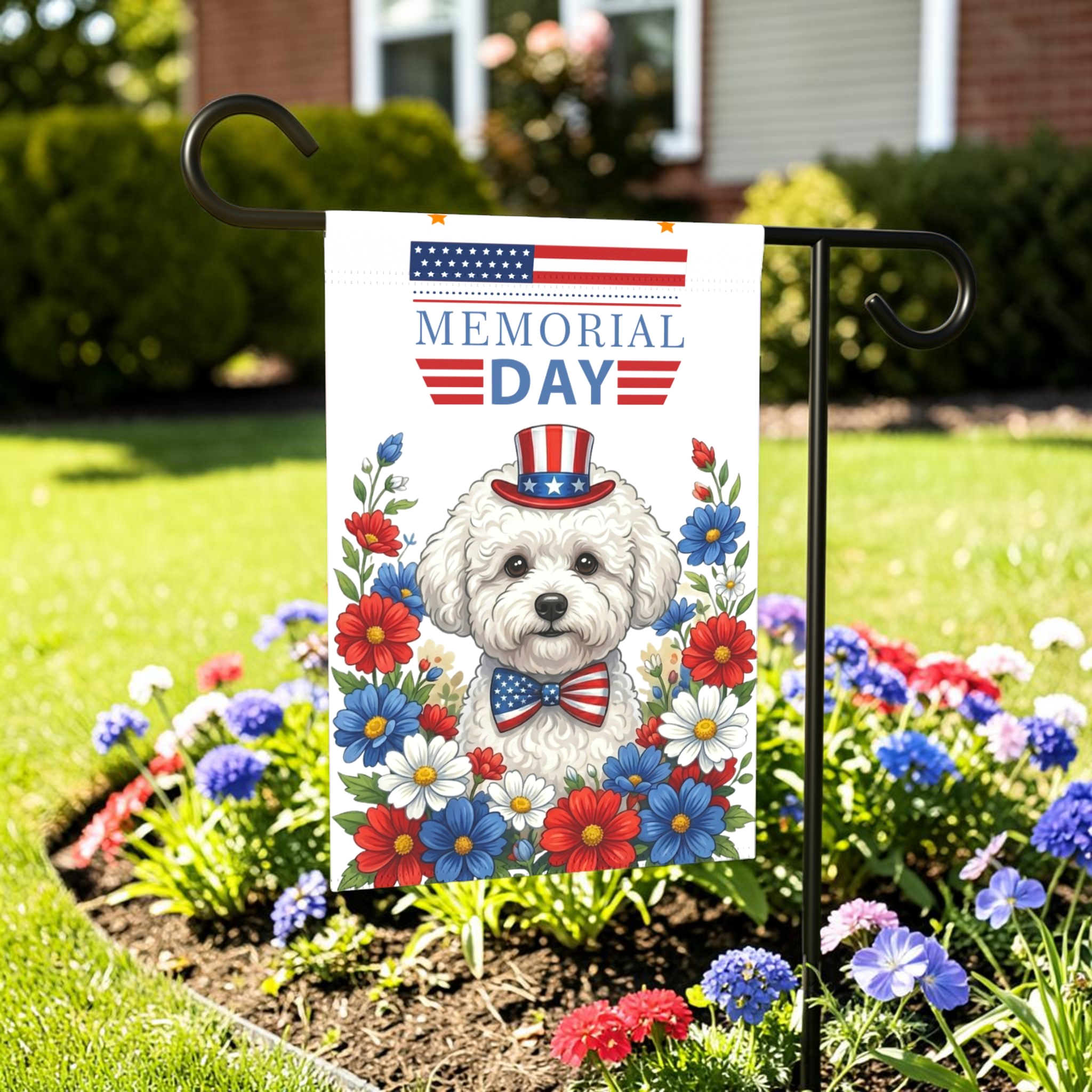 Memorial Day Bichon Frise Garden Flag - lifestyle display - Dragonfire Gardens