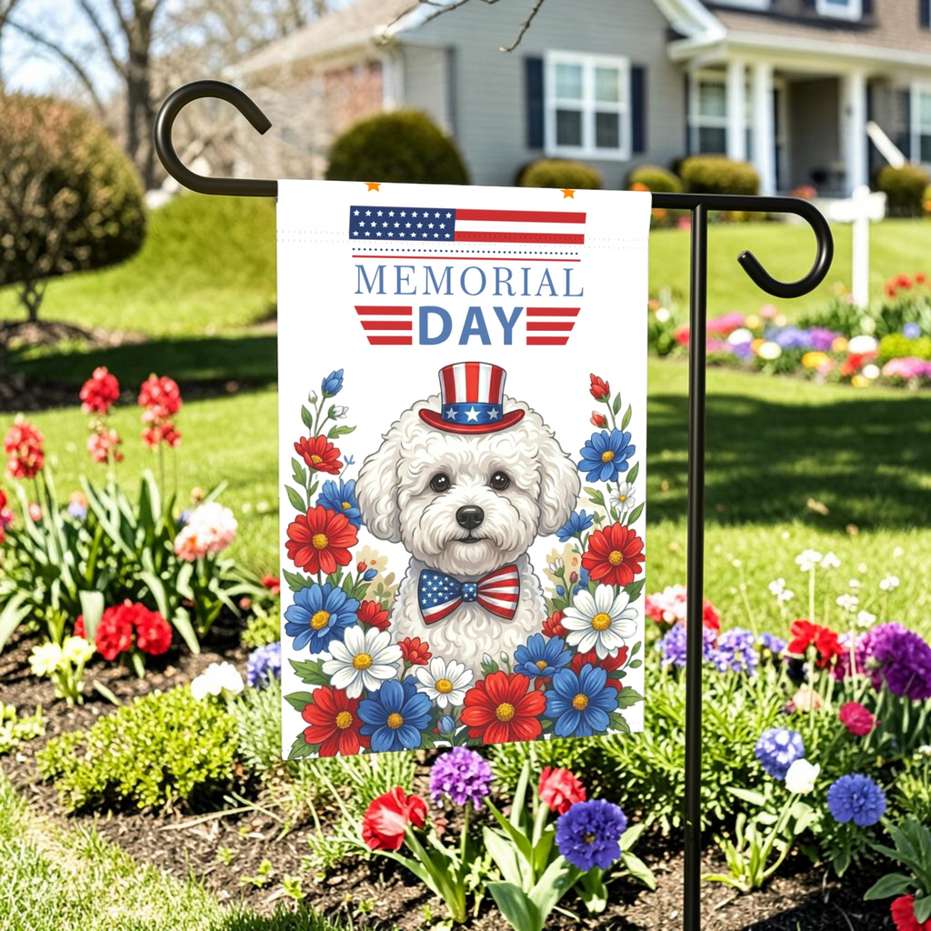 Memorial Day Bichon Frise Garden Flag - outdoor display - Dragonfire Gardens