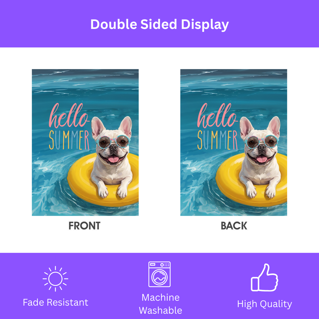 Hello Summer White French Bulldog Garden Flag - yard display - Dragonfire Gardens