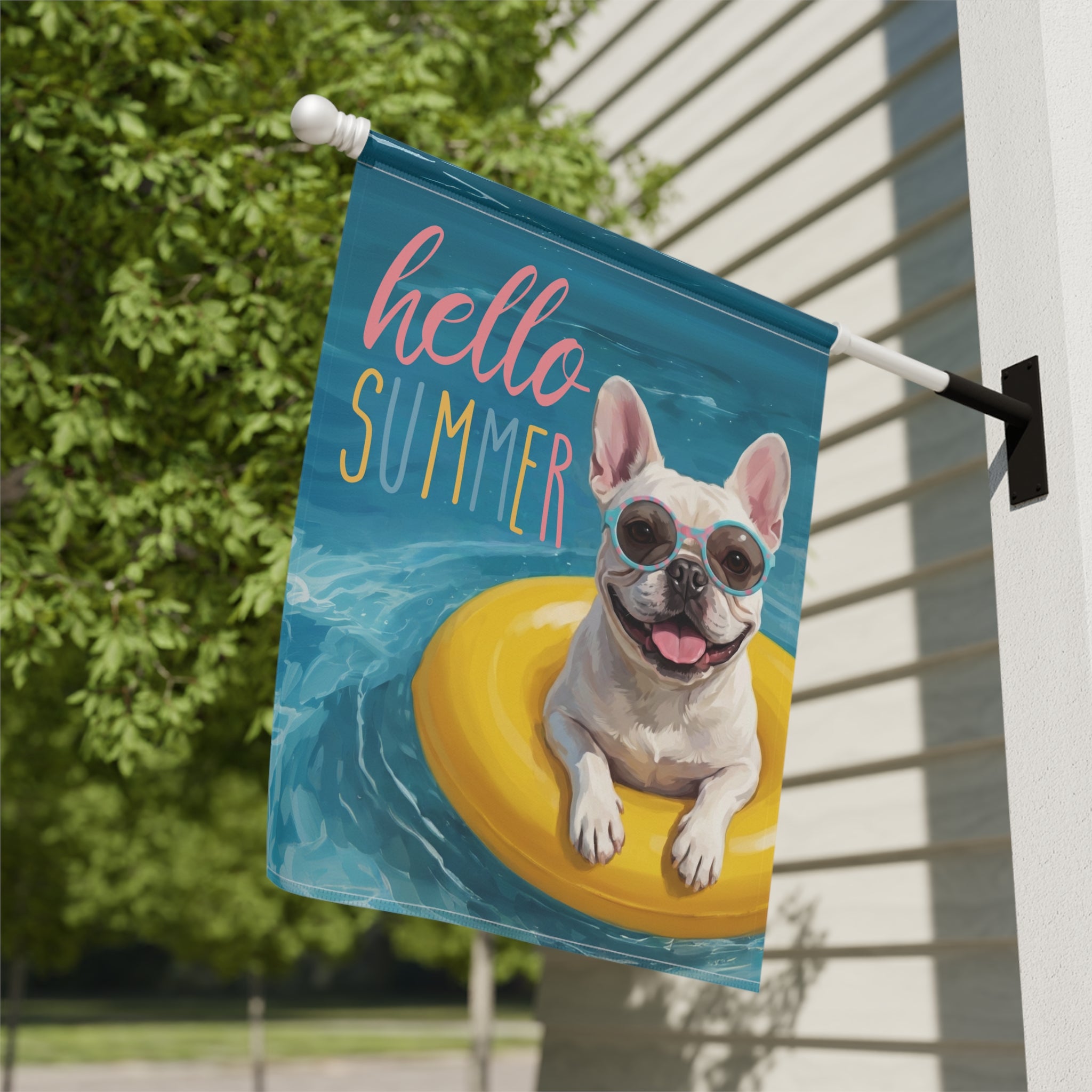 Hello Summer White French Bulldog Garden Flag