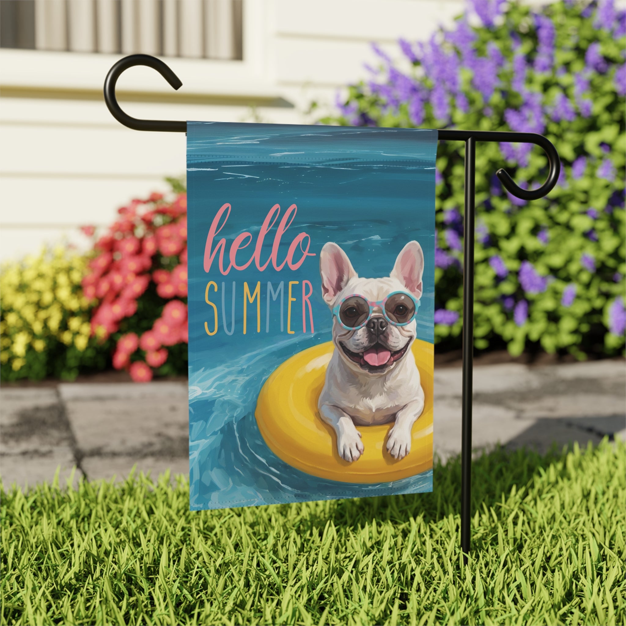 Hello Summer White French Bulldog Garden Flag