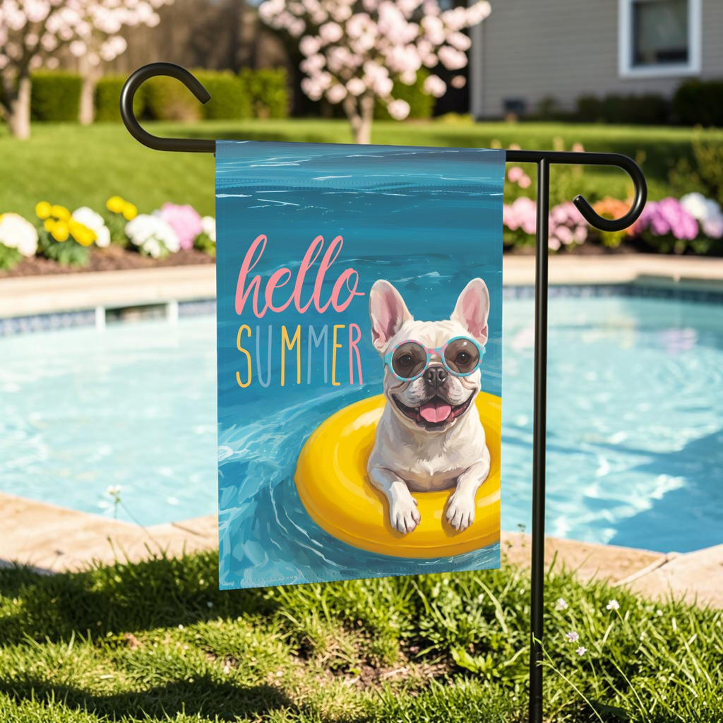 Hello Summer White French Bulldog Garden Flag - lifestyle display - Dragonfire Gardens