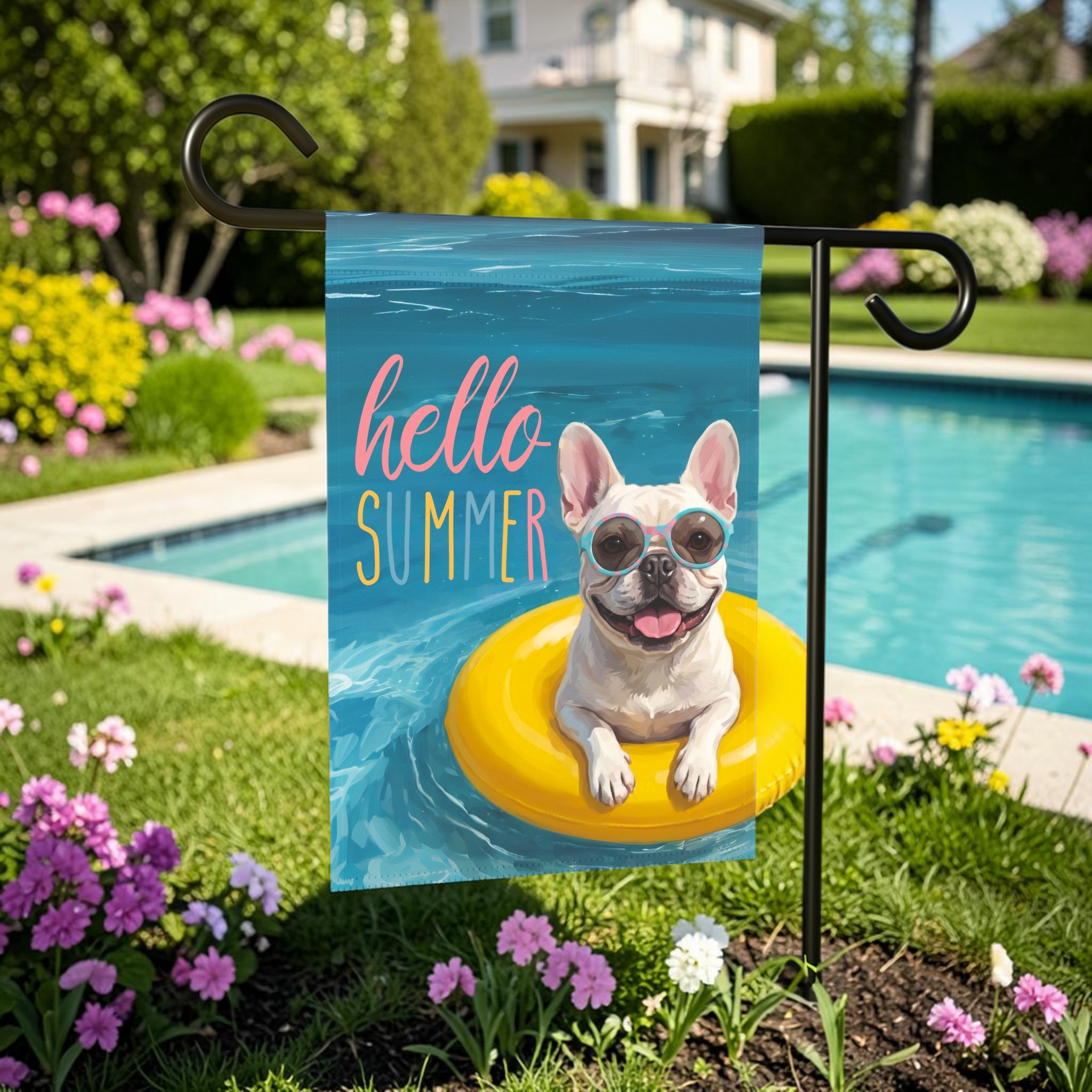 Hello Summer White French Bulldog Garden Flag