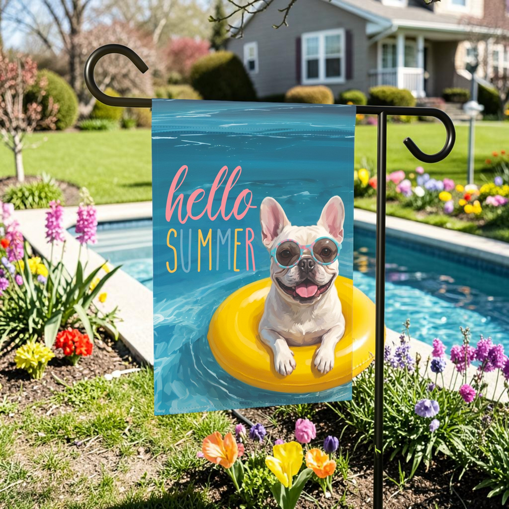 Hello Summer White French Bulldog Garden Flag - outdoor display - Dragonfire Gardens