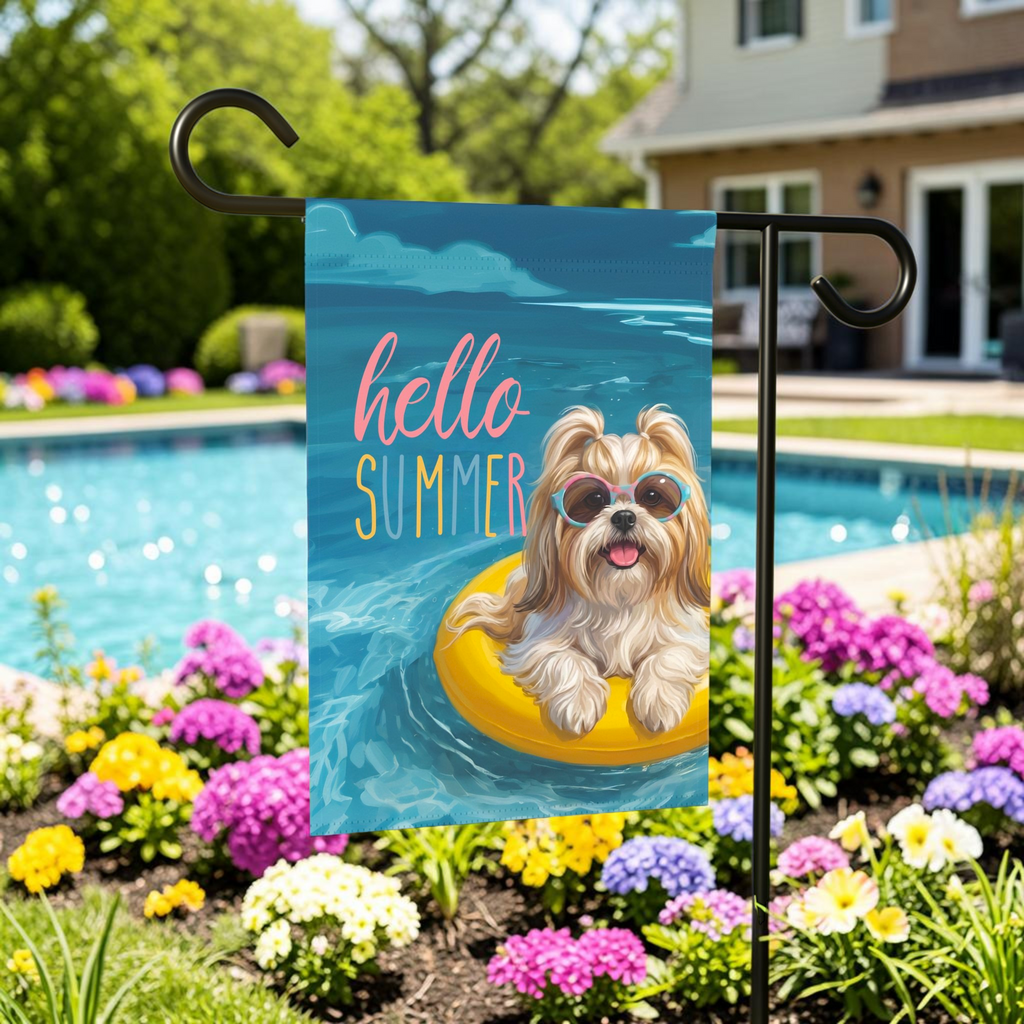 Hello Summer Shih Tzu Garden Flag - lifestyle display - Dragonfire Gardens
