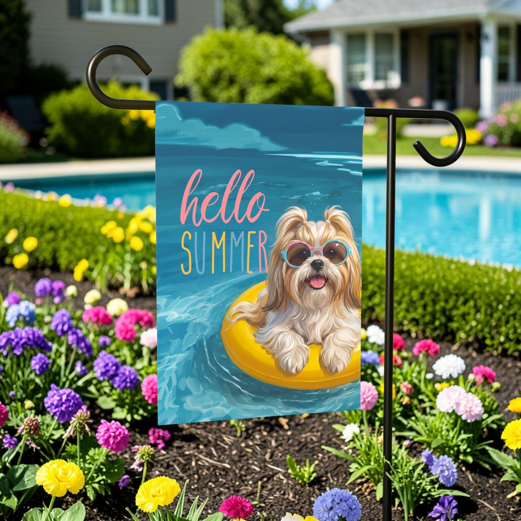 Hello Summer Shih Tzu Garden Flag - outdoor display - Dragonfire Gardens