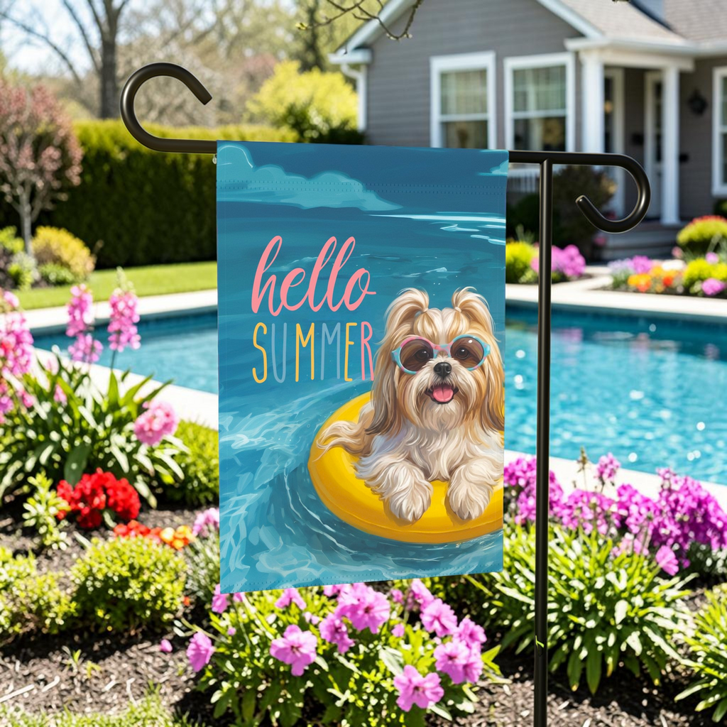 Hello Summer Shih Tzu Garden Flag - front view - Dragonfire Gardens