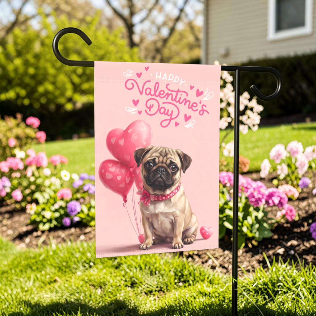 Pug Happy Valentine's Day Garden Flag - lifestyle display - Dragonfire Gardens