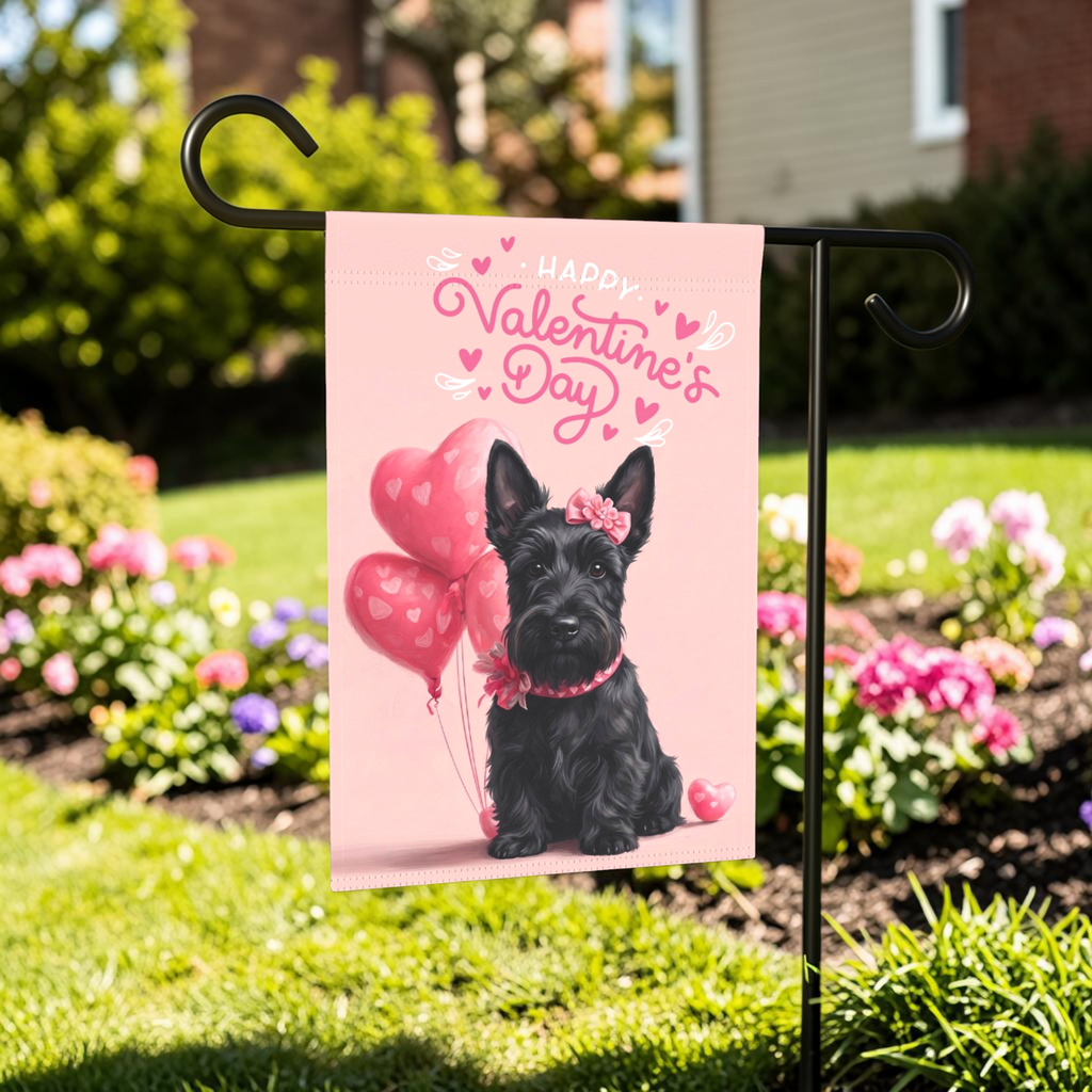 Scottish Terrier Happy Valentine's Day Garden Flag - lifestyle display - Dragonfire Gardens