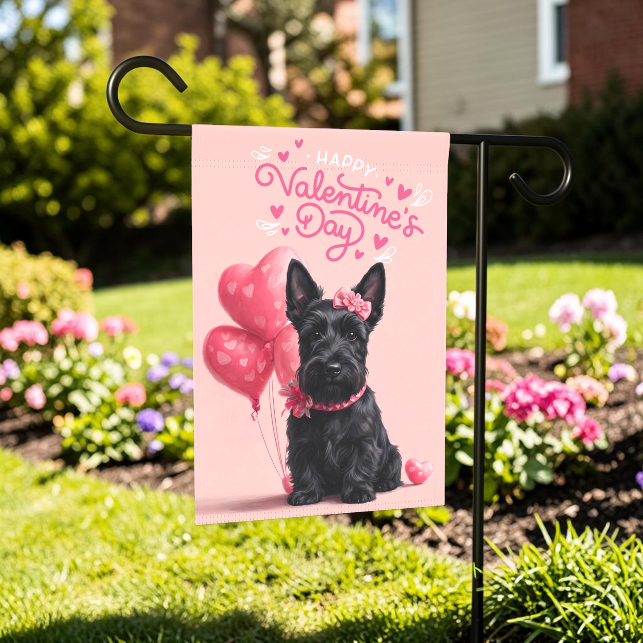 Scottish Terrier Happy Valentine's Day Garden Flag - lifestyle display - Dragonfire Gardens