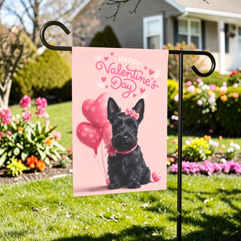 Scottish Terrier Happy Valentine's Day Garden Flag - outdoor display - Dragonfire Gardens