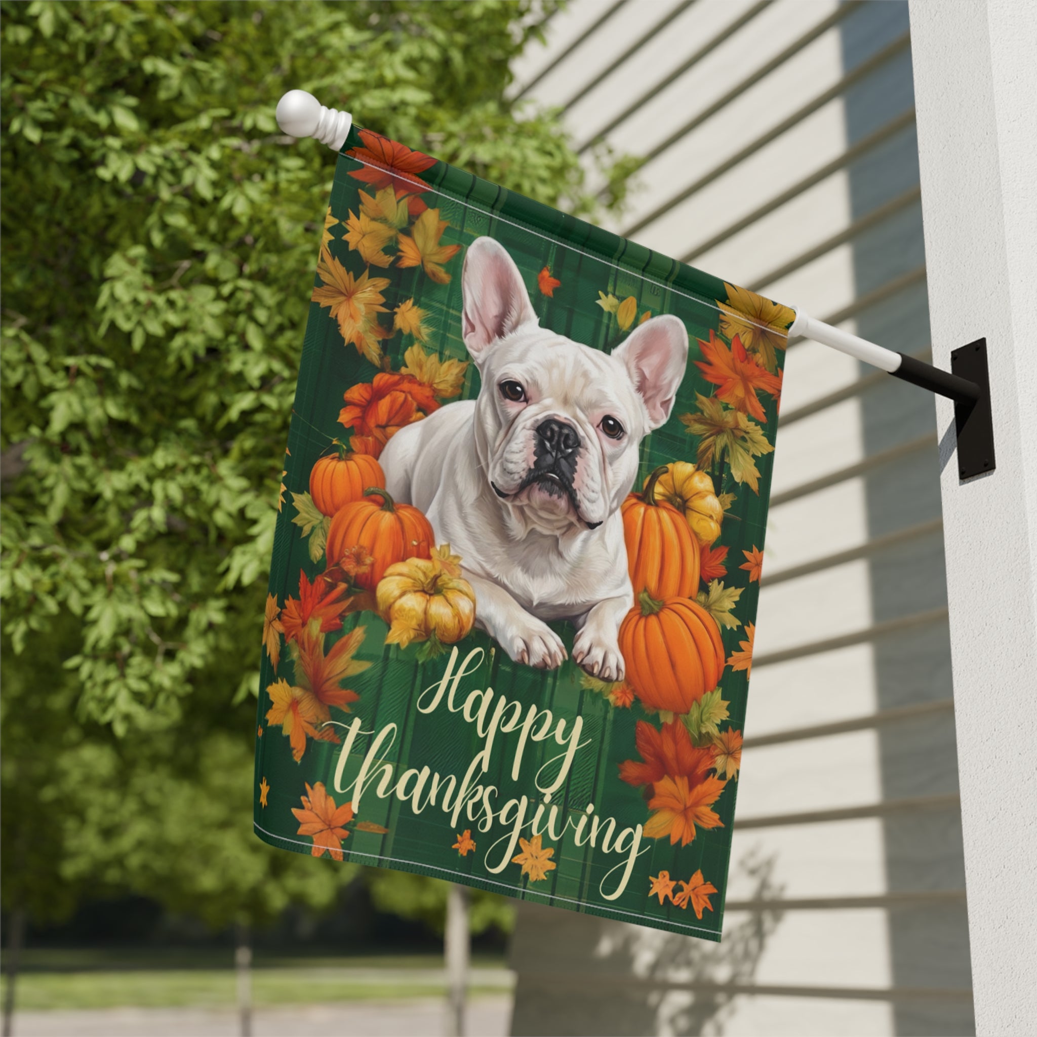 Happy Thanksgiving White French Bulldog Garden Flag